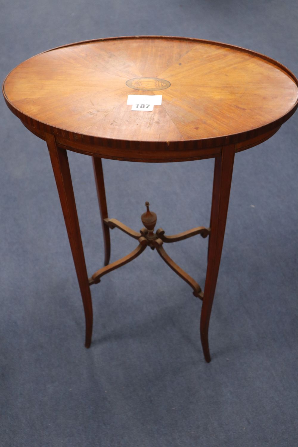 An Edwardian inlaid satinwood oval occasional table, with X- stretcher, height 2ft 0.5in, width 1ft 6in height 2ft 0.5in,